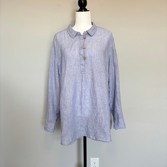 Cynthia Rowley Women's 2X 100% Linen Top Blue Buttons Resortwear Coastal Chic - Picture 2 of 11